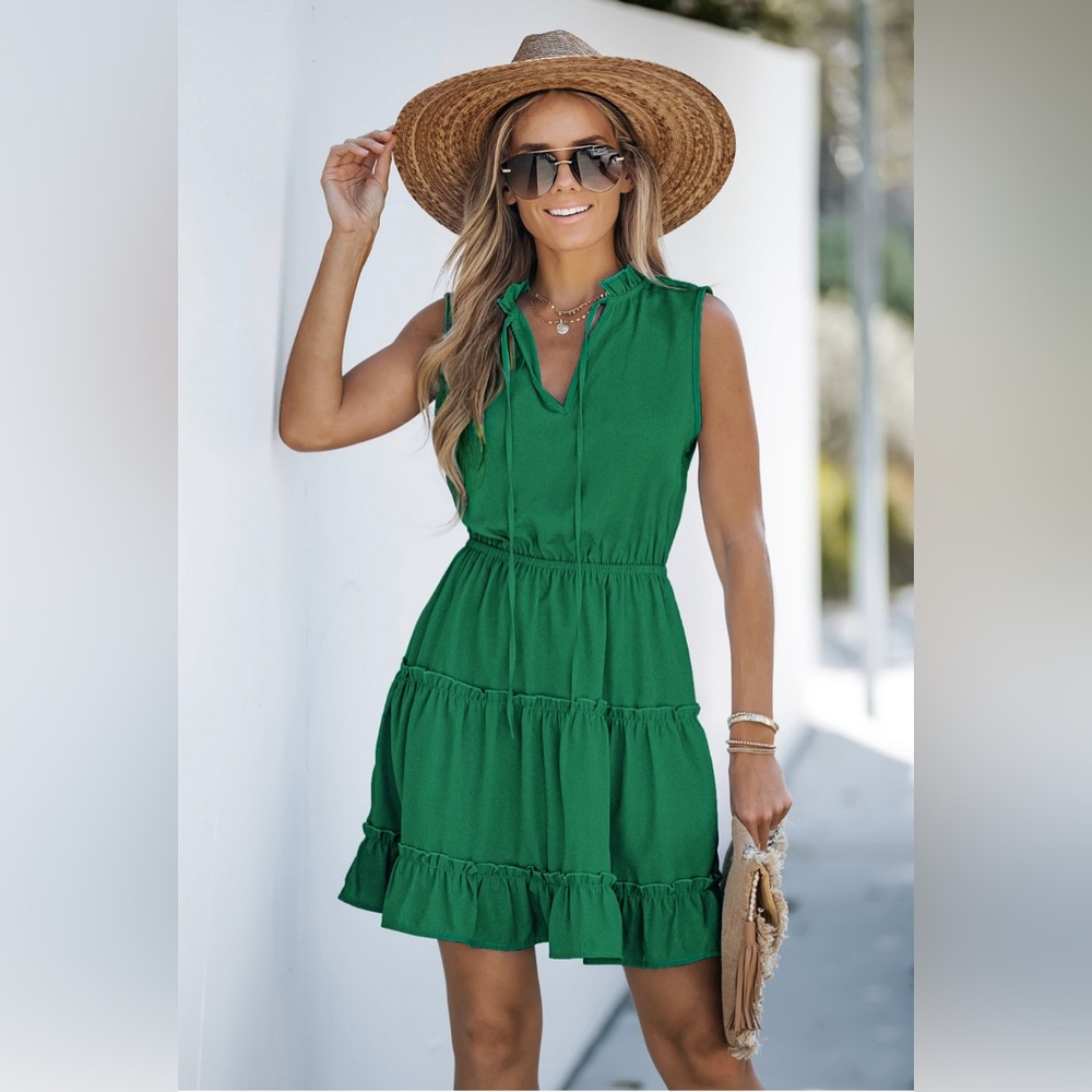 NWT CUPSHE Green Sleeveless Ruffle Trim Notched Neckline Ruched Waist Mini Dress
